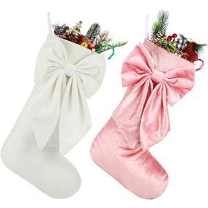 Seematn 2 Pack Bow Christmas Stockings, 18 Inches Pink White Velvet Christmas Stocking Coquette Luxury Xmas Hanging Socks Decoration for Tree Fireplace Mantel Party Elegant Holiday Decor