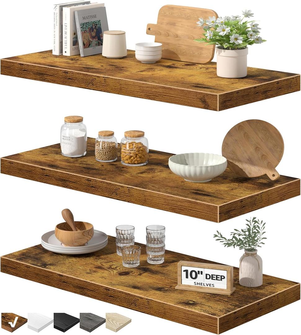 QEEIG 10" Deep Floating Shelves for Wall - 10 x 24 inch Book Shelf Bathroom Bedroom Kitchen Living Room Hanging Bookshelf Farmhouse Set of 3, Rustic Brown (025-60BN3), 10"D x 23.6"W