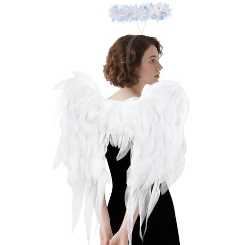 Angel Wings and Halo Headband for Women Adults - White Chiffon Fairy Wings, Elegant Costume Accessories for Halloween Christmas Party Cosplay