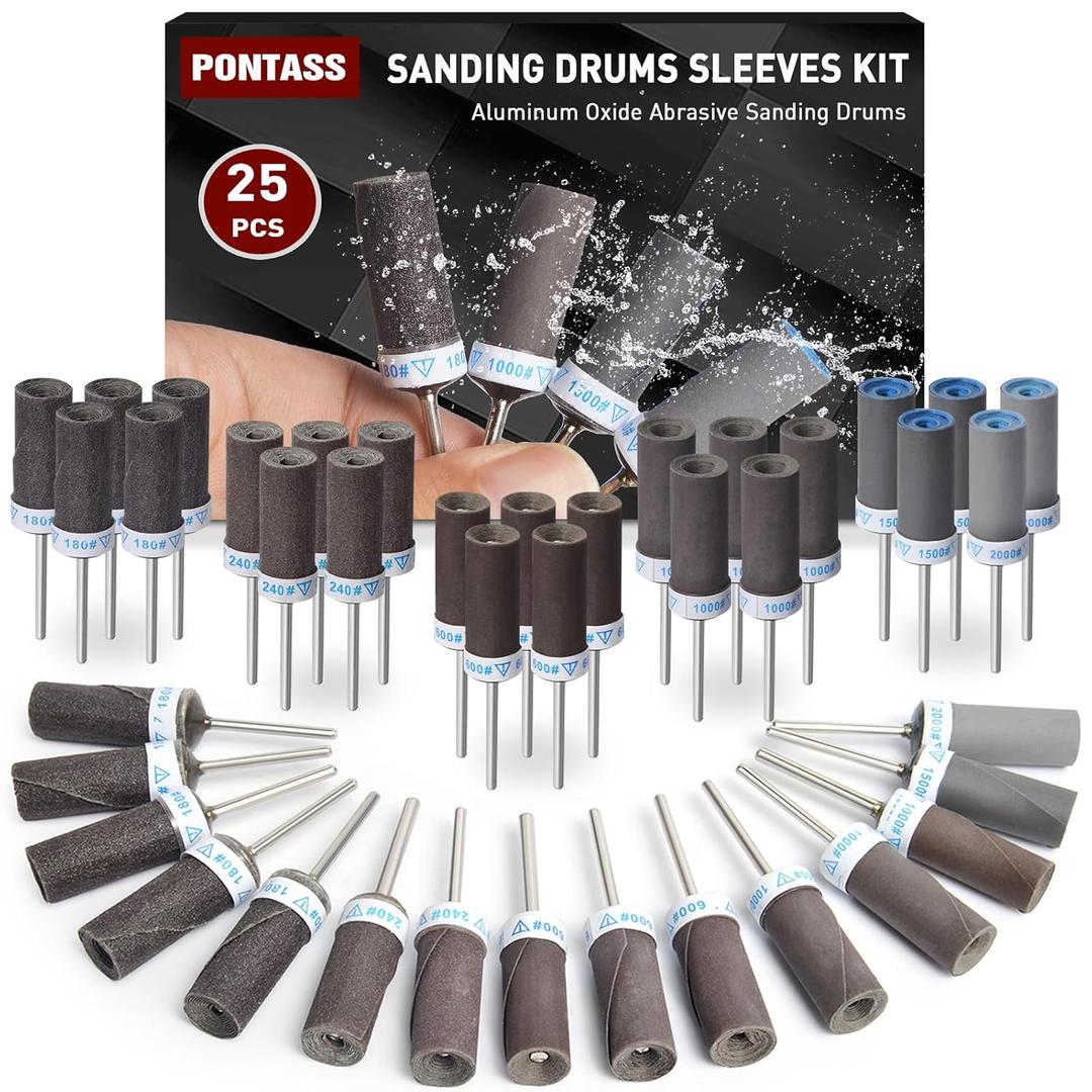 25Pcs Sanding Drums Sandpaper Sticks Set with 1/8"(3mm) Shank for Dremel Rotary Tool, 180/240/600/1000/1500/2000 Grits Different Meet More Needs for Metal Rust Removal/Jade Polishing/Stone Grinding (Mixed)