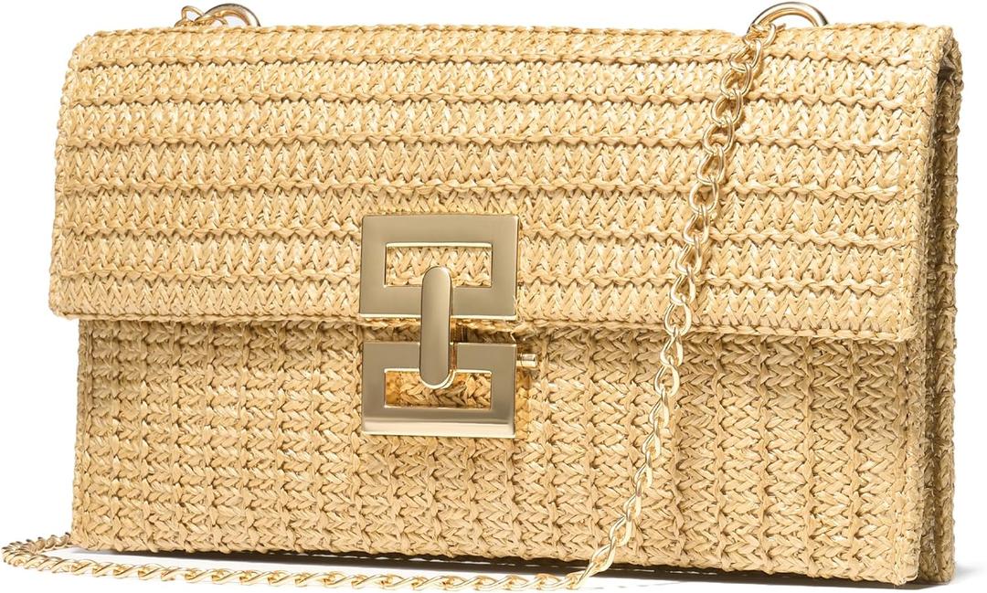 SWEETV Straw Purse Woven Beach Bag Summer Straw Clutch Purse Boho Crossbody Bags for Women Small Raffia Shoulder Bag (Khaki)