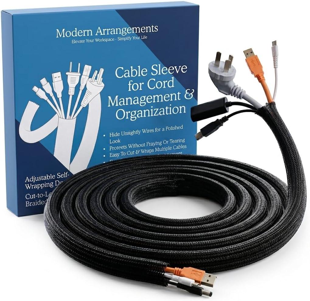 Cable Management Sleeve & Cord Organizer for Desks - Wire Management Cover to Wrap & Protect Messy Cables for Computers, TV & Electronics - 10 ft x 0.5"