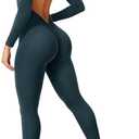 YEOREO Long Sleeve Jumpsuits for Women V Back Bodysuit Workout Full Length Bodycon Scrunch Leggings One Piece Romper (Small, Blue Green)