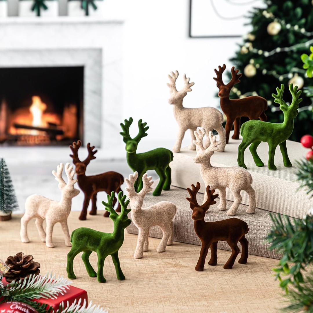 15pcs Christmas Reindeer Decoration Velvet Tabletop Reindeer Figurines Mini Standing Deer Statues Small Elk Neutral Centerpiece for Home Office Fireplace Xmas Holiday Party Decor