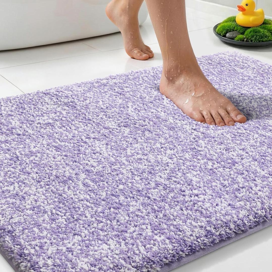Yimobra Anti-Fatigue Non Slip Bathroom Rugs Cushioned Dense Elastic Microfiber Bath Mat for Pressure Relief, Comfort for Tired Feet, Soft Absorbent Machine Washable, 32" x 20", Purple and White