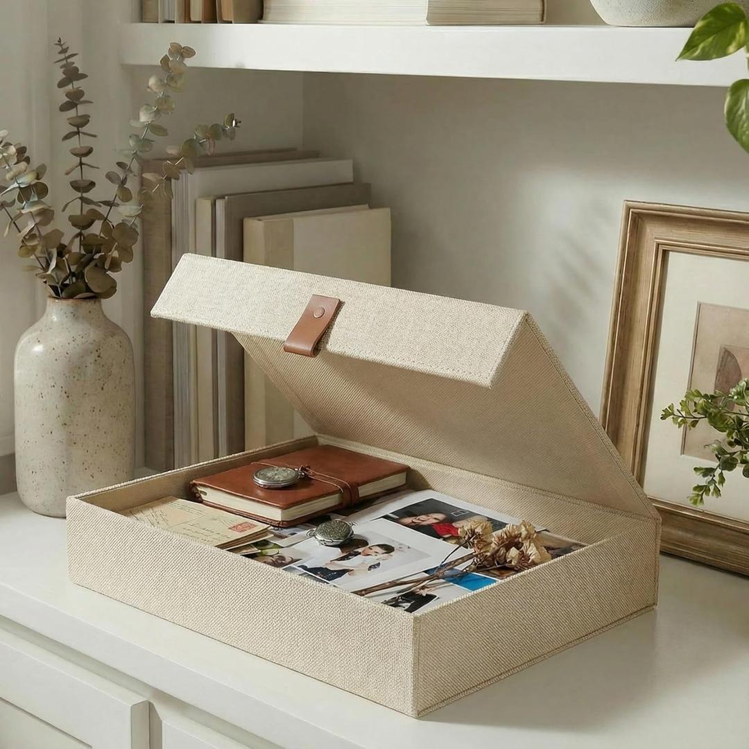 ZICOTO Decorative Photo Storage Box with Lid - A Beautiful Linen Organizer Perfect to Safely Store Your Pictures, Documents, Scrapbooking Supplies, Keepsakes and Other Memories in Style (Ivory)