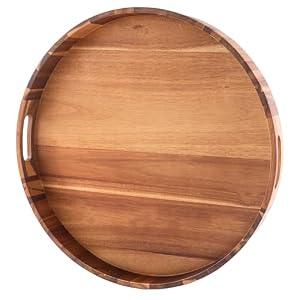 Extra Large 22INCH Premium Acacia Wood Tray Round Ottoman Tray with Handles Wooden Serving Tray Multi-Use for Dinner Breakfast in Bed Coffee Table Snack Entertaining Guests