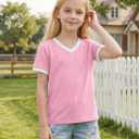 Poroka Girls Short Sleeve Shirt V-Neck Tee with Ribbed Trim Plain T-Shirts Soft Fashion Summer Tops for Girls, 7-14 Years