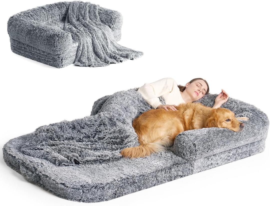 EHEYCIGA Foldable Human Dog Bed, Orthopedic Memory Foam Human Sized Dog Bed, Waterproof Pet Bed for People, Faux Fur Pet Couch for Adult, Grey, 72"x44"x11" (72x44x11(Folded 44x36))