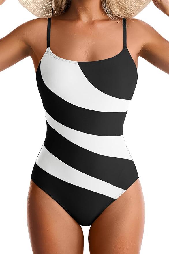 Women's One Piece Swimsuits Tummy Control Color Block Bathing Suit Square Neck Swim Suit Slimming Swimwear XL