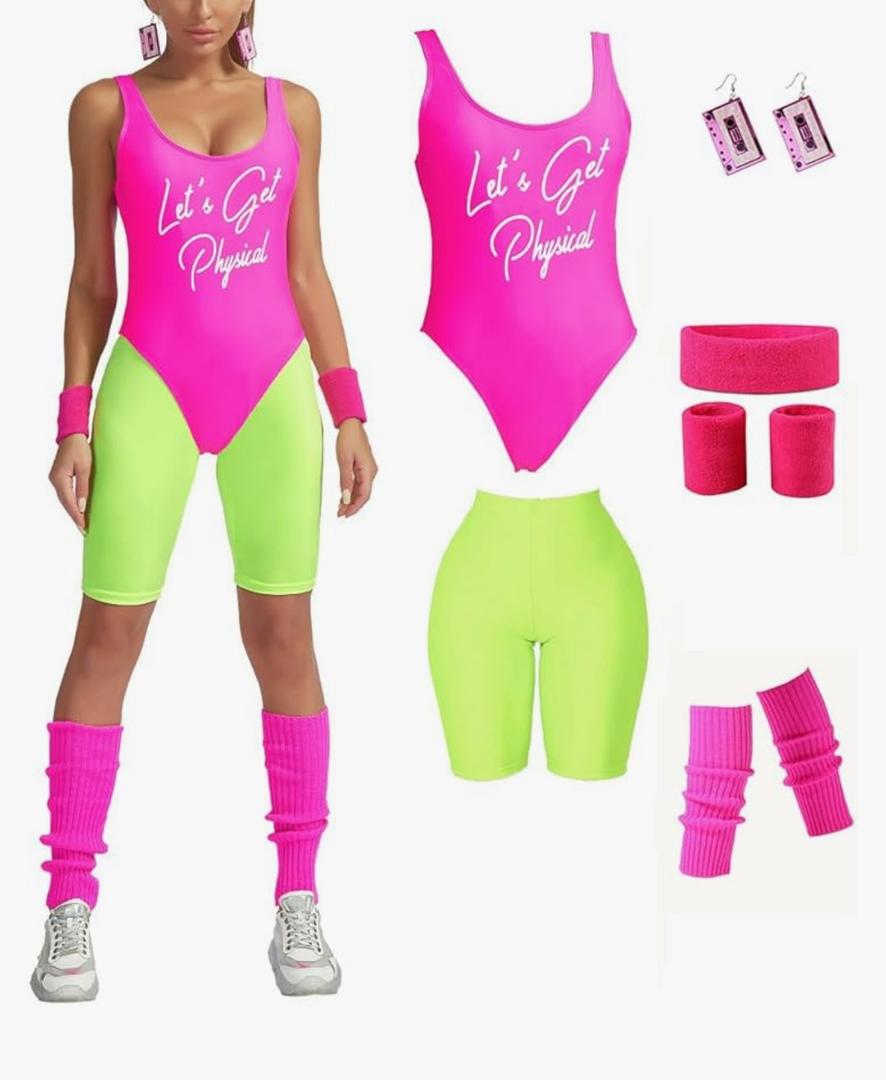 MIAIULIA Womens 80s Workout Costume Outfit 80s Accessories Set Leotard Neon Legging Headband Wristbands Set, Small