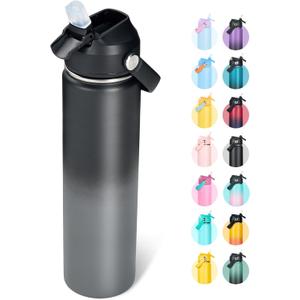 Fijinhom 24oz Insulated Stainless Steel Water Bottle, Wide Mouth Double Wall Vacuum, Silicone Straw, Sweat & Leak Proof, BPA Free Insulated Water Flask for Travel, Keep Cold 24h Hot 12h, Grey