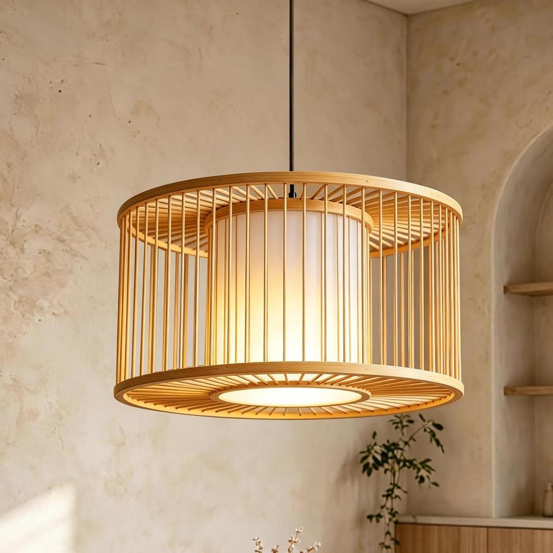 Bamboo Adjustable Height Pendant Light 16" Boho Rustic Farmhouse Chandelier