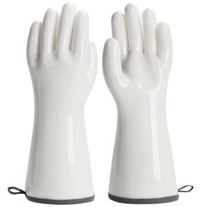 Oven Gloves Liquid Silicone Gloves Food Grade Heat Resistant Mitts with Fingers, for Cooking Baking Grilling Waterproof, with Nylon Liner, White, Large