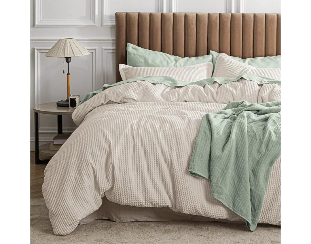 Bedsure Waffle Comforter Set Full, Beige Soft Bedding, Waffle Weave Bed Set, 3 Pieces, 1 Comforter (82"x86") and 2 Pillow Shams, Cotton Shell and Polyester Lining for All Seasons