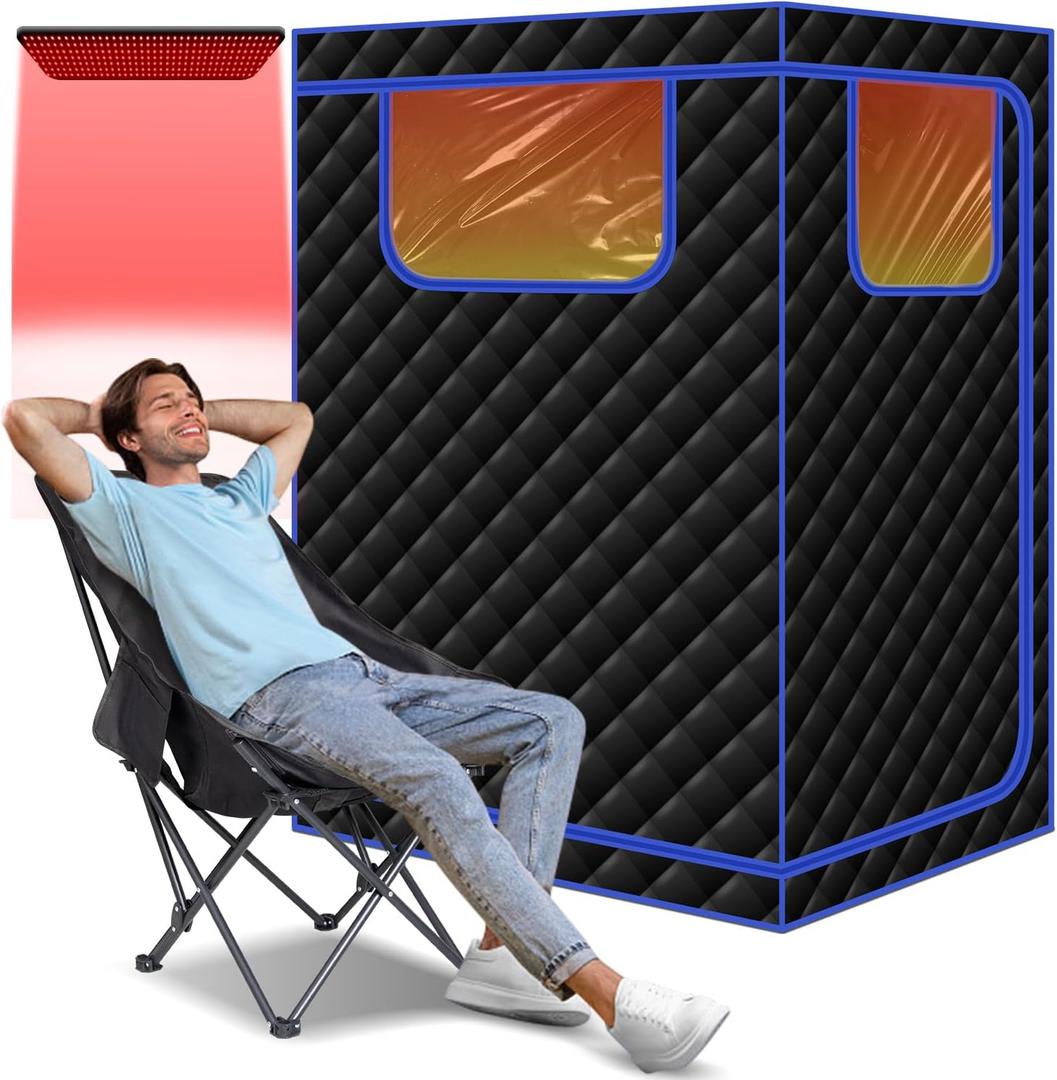 Smartmak Portable Infrared Sauna,1 or 2 Person Oversize Infrared Sauna Box with 660nm Red Light Therapy, Full Body Sauna Tent for Home, Folding Chair (Blue-2 Person)