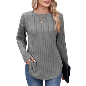 ZAFUL Long Sleeve Shirts for Women Fall Lace Lightweight Top Sweaters Business Dressy Casual Winter Tunic Blouse Side Split Trendy Outfit Gray S