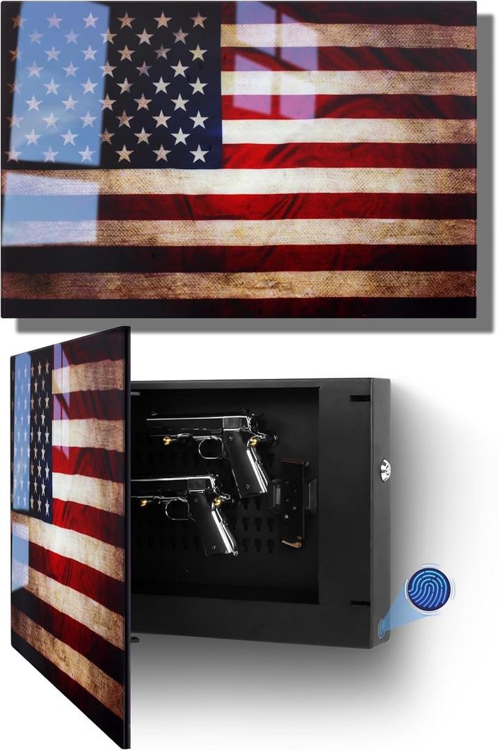 Biometric Hidden Gun Safe fits 2 pistols,Quick Access Hidden Gun Storage with Movable Bracket and Magazine,Wall Mount Gun Safe for Secure Firearm Storage with Fingerprint, Key Access(18.8 inch)