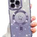 NITITOP Compatible with iPhone 15 Pro Max Case Cute Clear Glitter [Compatible for MagSafe] Plating Heart Sparkle Bling Magnetic Girl Women Electroplated Frame Camera Protection Back Cover - Purple