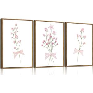 SongZest 3 Piece Pink Floral Framed Wall Art Boho Flower Nursery Canvas Art Prints Wildflower Bow Pictures Wall Decor Cute Paintings Artwork for Girl Bedroom Bathroom 16x24in, 16x24 Natural