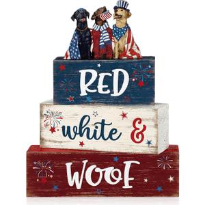 4 Pcs 4th of July Dogs Decorations 250th Anniversary Patriotic Memorial Tabletop Decor Red White Blue Table Centerpieces Wood Block American Independence Day Sign for Tiered Tray Home Shelf