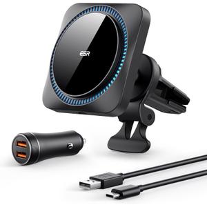 ESR for MagSafe Car Mount Charger with CryoBoost, Magnetic Wireless Car Charger, for MagSafe Car Charging, for iPhone 17e/17/16/15/14/13/12, S26/S25, Fast Phone Cooling Charging Set,36W QC 3.0 Adapter