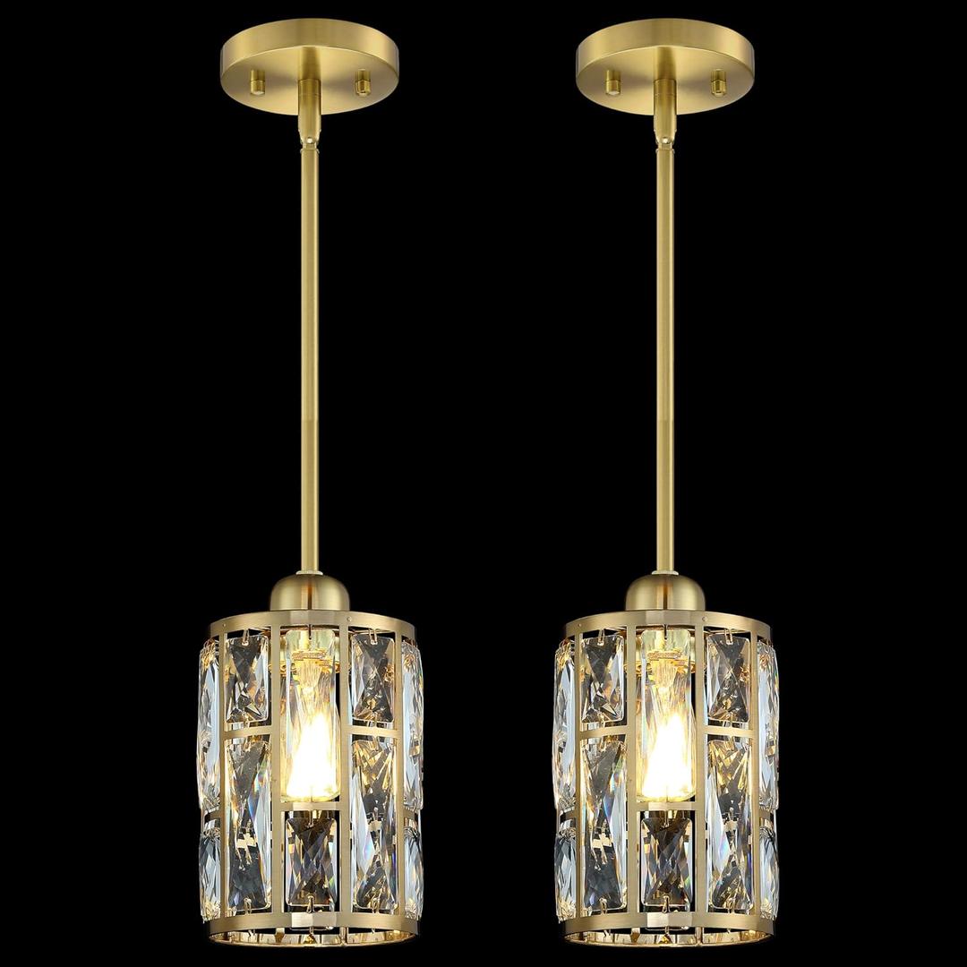 2 Pack 1 Light Hanging Kitchen Island Modern Concise 5.3" Crystal Pendant Light Fixture,Crystal Metal Chandelier Shade Gold Finish for Bar,Dining Room,Living Room Over Sink