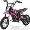 ELEMARA Electric Motorcycle for Kids, Dirt Bike Electric with Music & Bluetooth,350W Chain-Driven Motor,15.5 mph & 150lb Max,Twist-Grip Throttle & Hand-Operated Rear Brake,12" Air-Filled Tires-Pink