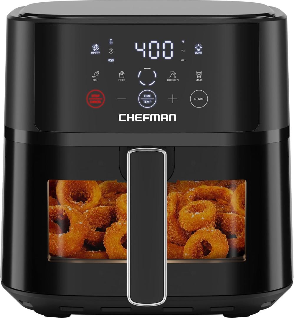 Chefman Air Fryer  6 QT Compact Airfryer for Quick & Easy Meals, Features Hi-Fry Technology for Extra Crisp, Easy-View Window, Touch Controls with 4 Presets, Nonstick & Dishwasher Safe Basket - Black