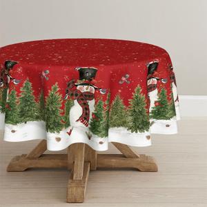Christmas Tablecloth 60x60 Inch Round, Winter Snowman Trees Red Washable Table Cover for Party Picnic Dinner Decor