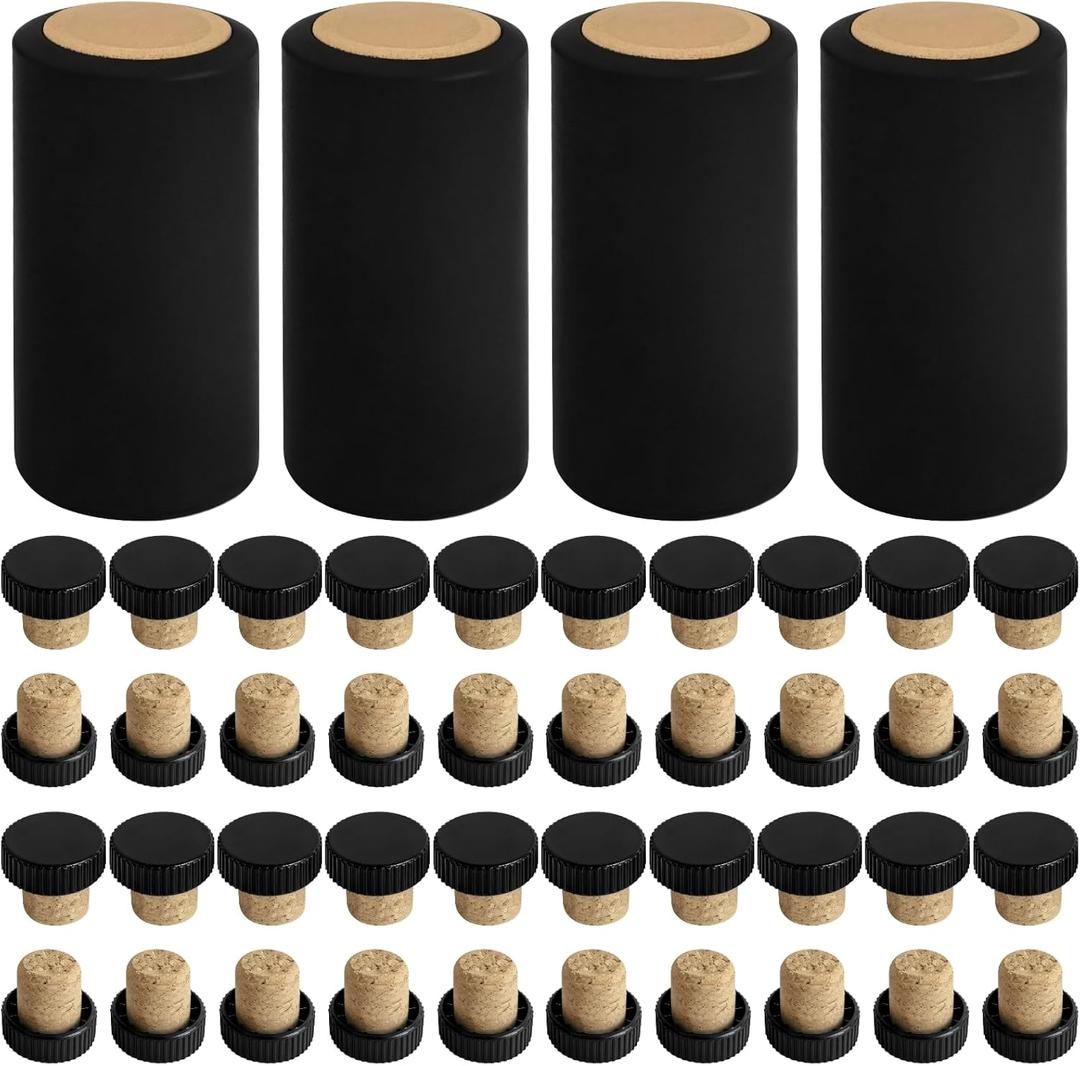 Heat Shrink Liquor Bottle Seals, 80 Pcs, 40 Wood T-Stoppers with 40 Black Shrink Wrap Capsule, Sealing Solution for Liquor Bottles, Ideal for Home Cellars and Cruises