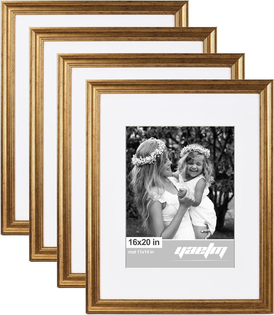 Yaetm 16x20 Gold Picture Frame Matted to 11x14 Set of 4, 1.4" Wide Molding & Rustic Golden 16x20 Frame for Wall Gallery, Home and Office, Wall Mount, 4 Pack