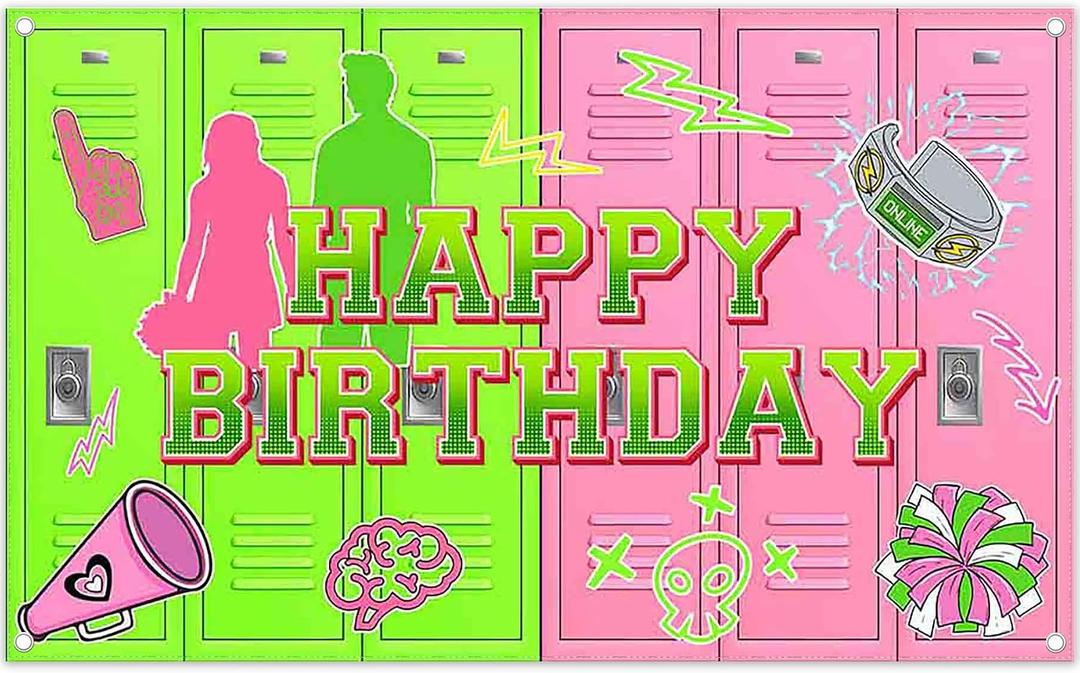 72x43inch Fabric Green and Pink Happy Birthday Backdrop Cheerleading American High School Lockers Photography Background Halloween Party Decorations Photo Props
