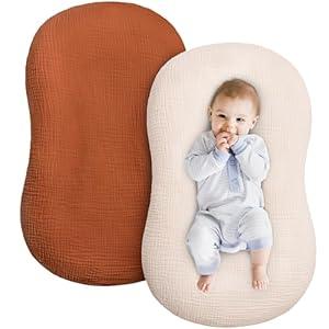 Muslin Baby Lounger Cover 2 Pack, Cotton Soft Breathable Infant Nest Slipcovers, Envelope Closure, Compatible with Snuggle Me Loungers, Machine Washable, Cover Only, for Boys Girls(Brown & Beige)