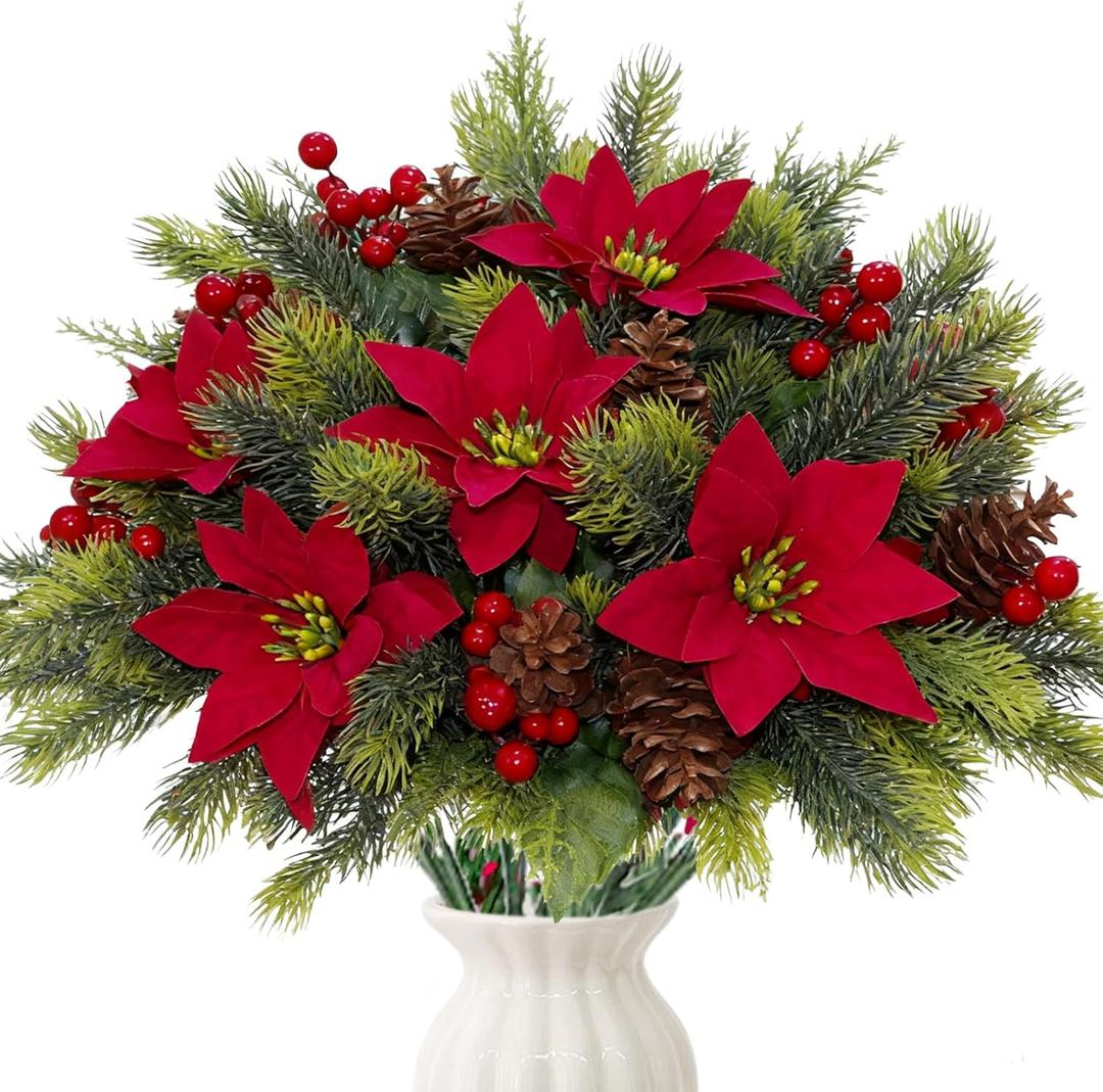 8PCS Artificial Flowers Bouquet Christmas Floral Poinsettia Pine Cones Red Berry Picks Stems Holly Holiday for Xmas Tree Party Decoration DIY Indoor Table Centerpieces