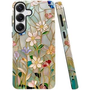 TnXee Case for Samsung Galaxy S25,Stained Glass Bloom Flower Phone Case Drop Resistant Glossy 2 in 1 Solid Dual-Layer Cover for Girl Women