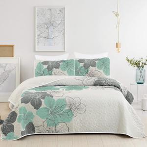 DJY 3 Pieces Quilt Set California King Green Floral Pattern Quilt Coverlet Elegant Boho Bedspread with 2 Pillow Shams Soft Lightweight Bedding Quilt Set for All Season 106"x96"