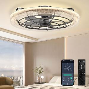 Ceiling Fans with Lights, 24'' Low Profile Ceiling Fan with Remote, 3000-6500K Dimmable Flush Mount LED Fan Light, APP Control 6 Winds Speed Fandelier Ceiling Fan for Bedroom Living Room Kitchen Gym (Black)
