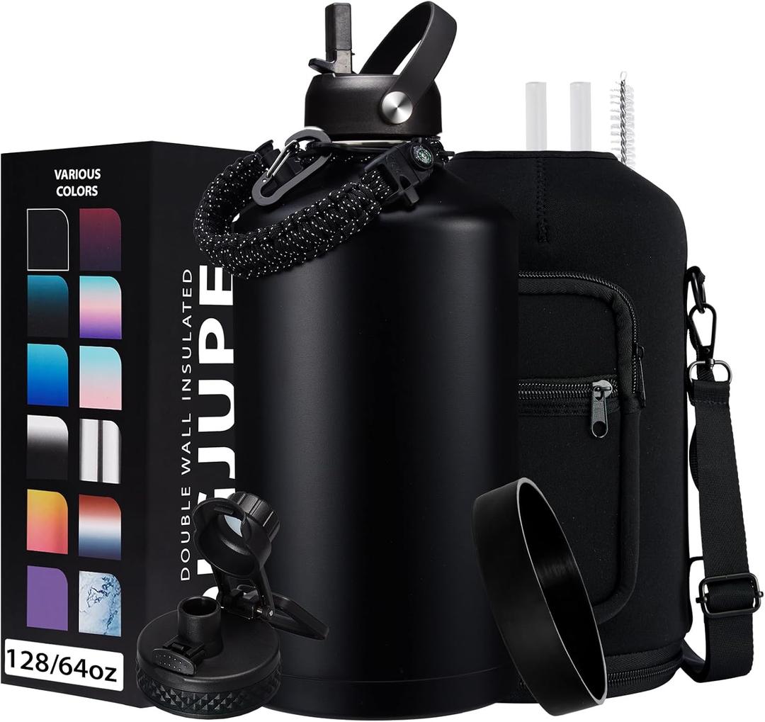 128OZ Insulated Water-Bottles with Strap - 1 Gallon Large Water Jug with Straw & Spout Lid, Stainless Steel Water Bottle Leak Proof, Cold-48h Hot-24h Metal Water Flask w/Paracord Handle, Carrier Bag (Black)