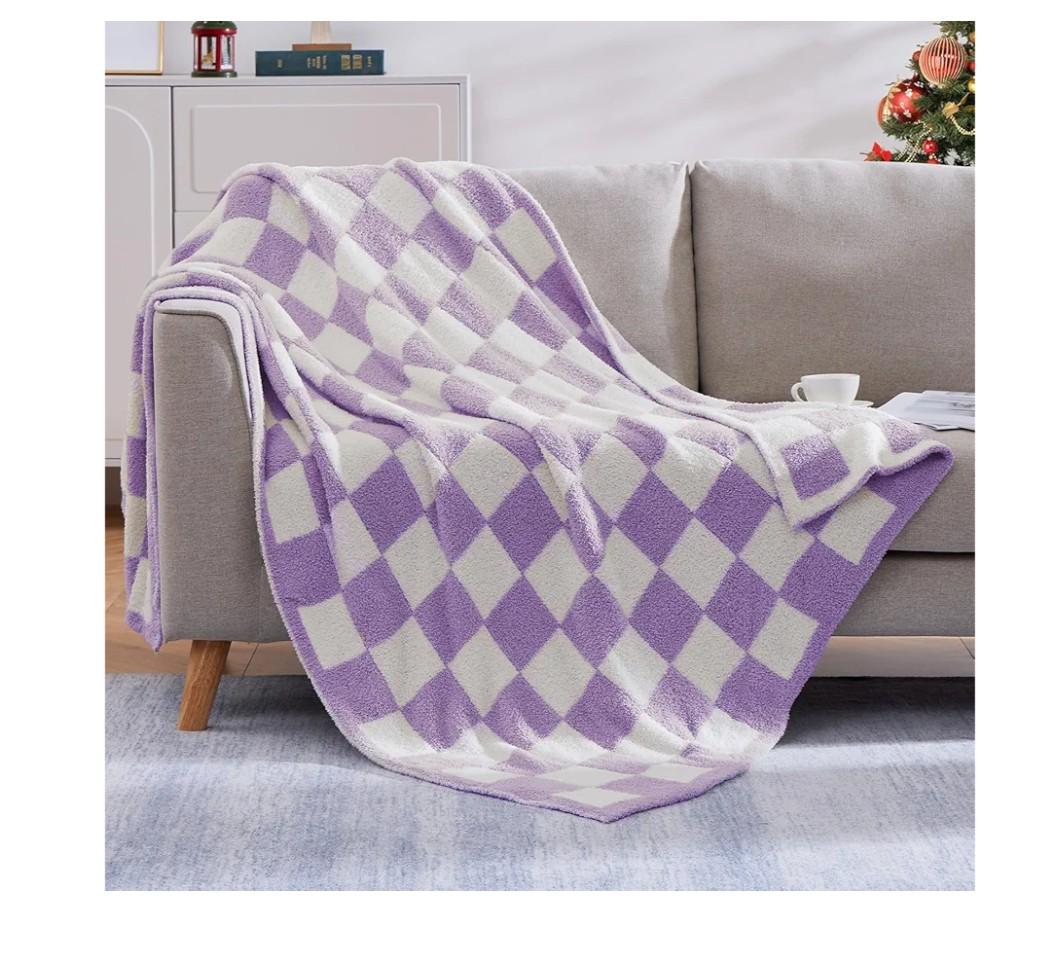 Checkered Throw Blanket, Purple Soft Cozy Fluffy Warm Hand Made Throw Blankets for Couch, Sofa, Chair, Bed, Camping, Picnic, Travel Lightweight Bed Blanket - 80 x 68
