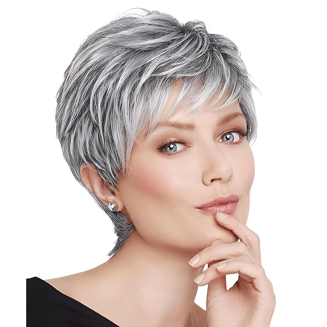 BECUS Gray Pixie Cut Wig  Short Wigs for Women Synthetic, Natural Looking Layered Grey Wig, Easy Wear Pixie Cut Wig for White Women Halloween & Cosplay Daily Use (Grey Mix Black)
