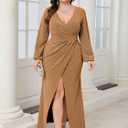 CYCLAMEN Plus Size Formal Maxi Dress Sparkly Ruched Puff Sleeve V Neck Slit Cocktail Wedding Guest Prom Evening Gown (Gold, XXL)
