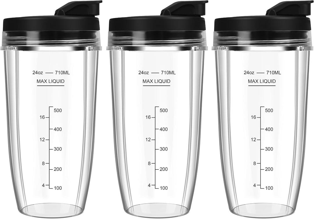 Blender Cups Replacement for Ninja, 24oz Ninja Blender Cups with To-Go Lids Compatible with Ninja BL450, BL456, BL480, BL2012, BL2013, BN401, BN751, BN801, SS101, SS151 (3 Pack) (3 X 24oz Cups)