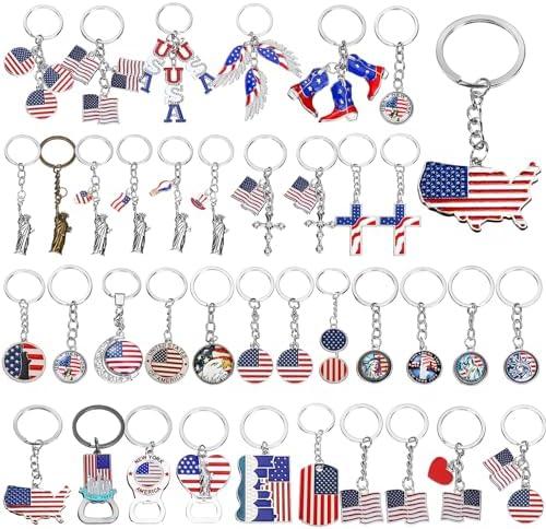 Remuuly 38 Pcs Silver Nyc Souvenir Collection 4th of July Keychains Bulk Metal New York USA Keychain Souvenirs Gifts for American Flag Patriotic Party Favors