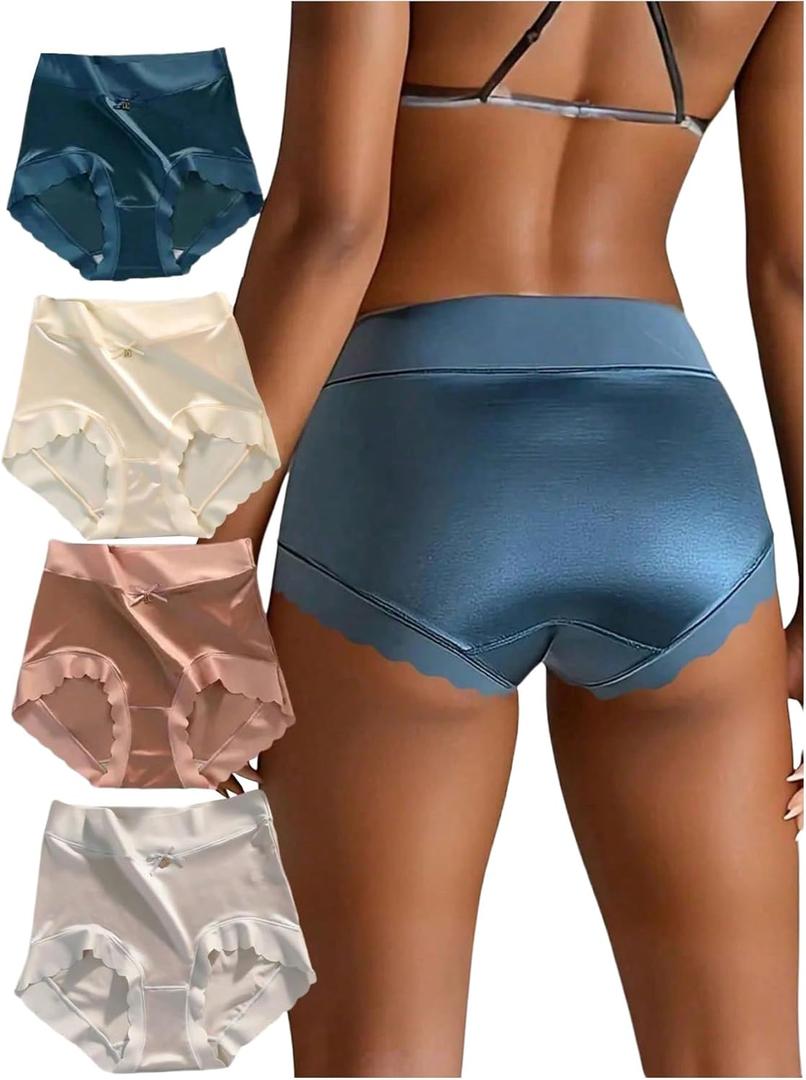 SOLY HUX Women's Satin Silk Briefs Scallop Trim No Show Underwear Lingerie Mid Rise Panties 4 Piece (Medium, Grey Beige Multi)
