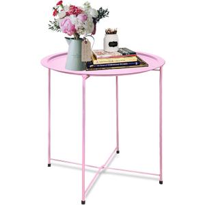 Garden 4 you End Table Metal Side Table Pink Round Folding Tray Cyan Sofa Small Accent Fold-able Table, Round End Table Tray, Next to Sofa Table, Snack Table for Living Room and Bed Room, 1 PC