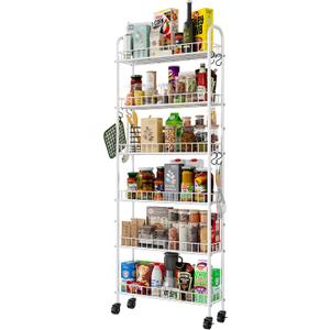 6 Tier Slim Rolling Storage Cart with Wheels, Metal Mobile Shelving Unit Organizer Utility Cart for Office Bathroom Kitchen Laundry Room Narrow Places (White 6 Inches)