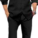 Ryannology Men 2 Piece Linen Set Outfits Drawstring Long Pants Button Down Roll Up Sleeve Shirts Beach Wedding Suit Sets (X-Large, Black)