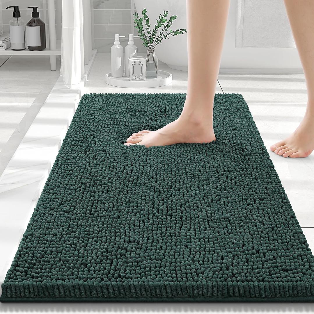 Smiry Luxury Chenille Bathroom Rugs 30x20, Extra Soft and Absorbent Shaggy Bath Mat, Machine Washable, Non-Slip Plush Carpet Runner for Tub, Shower, and Floor, Home Decor Accessories, Green