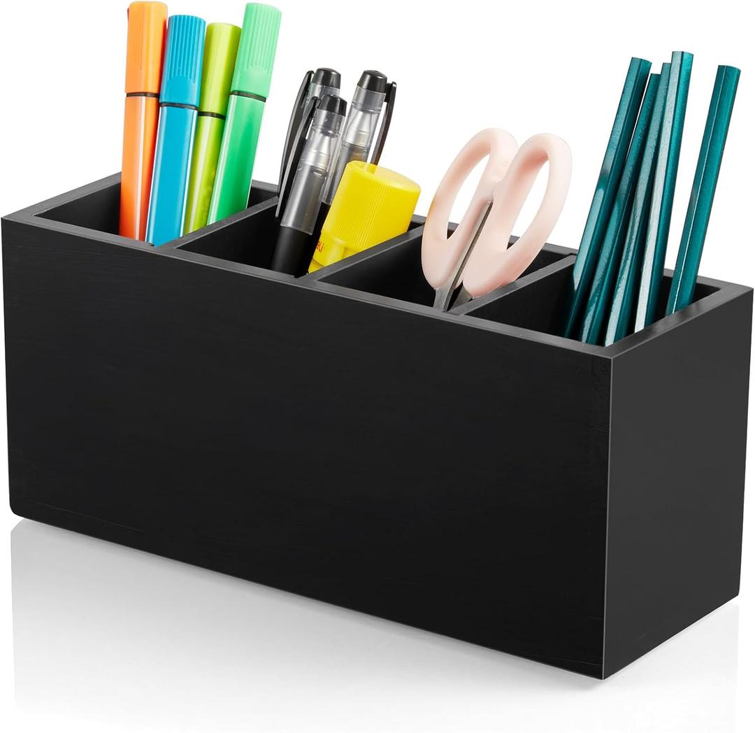 Pencil Pen Holder for Desk, Wooden Office Desk Organizers and Accessories with 4 Slots for Countertop, Makeup Brush Holder Organizer for Bathroom Vanity, Silverware Caddy for Party, Black